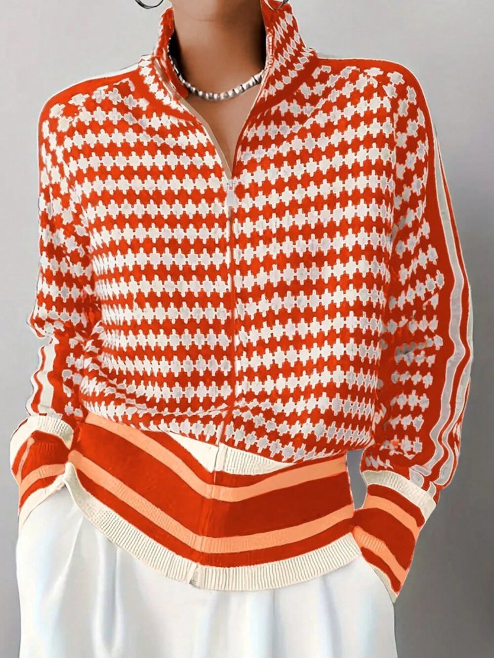 Orange Casual Women's Geometric Pattern Zip-Up Knit Stand Collar Cardigan - Picture 3 of 4